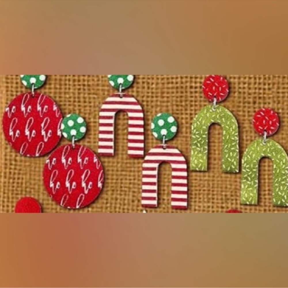 Red Ho Ho Ho Print Candy Striped Christmas Earring Set 3 pair